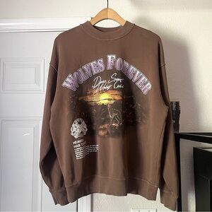 DARC SPORT brown cotton terry knit crew neck graphic wolf wolves sweater